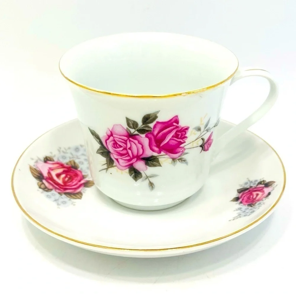 Cottagecore Roses Teacup & Saucer Old English Rose Pink Roses Shabby Chic Cup