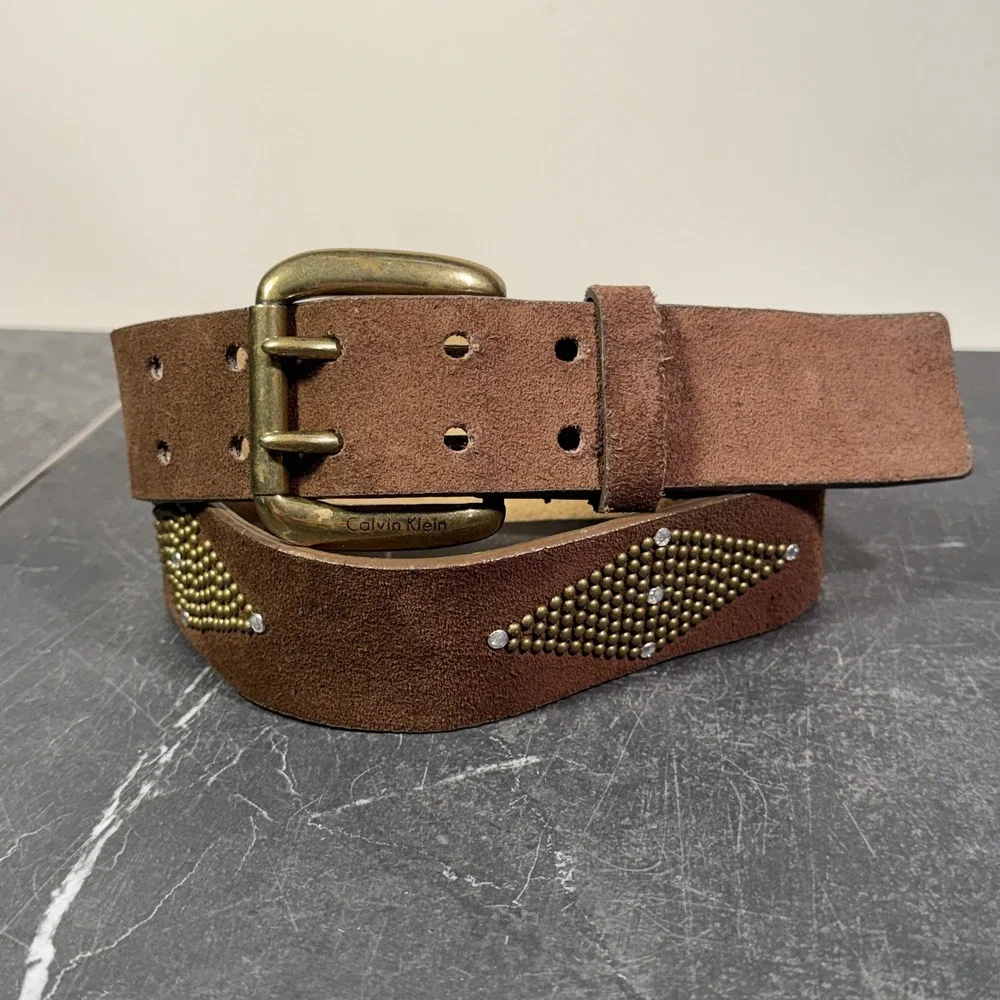 Vintage‎ Calvin Klein Jeans Suede Belt | Medium 32W Size 14 | Brown Rhinestone