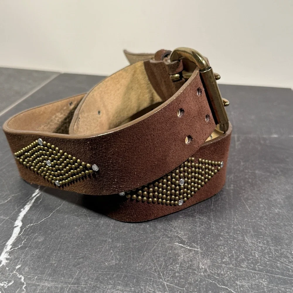 Vintage‎ Calvin Klein Jeans Suede Belt | Medium 32W Size 14 | Brown Rhinestone