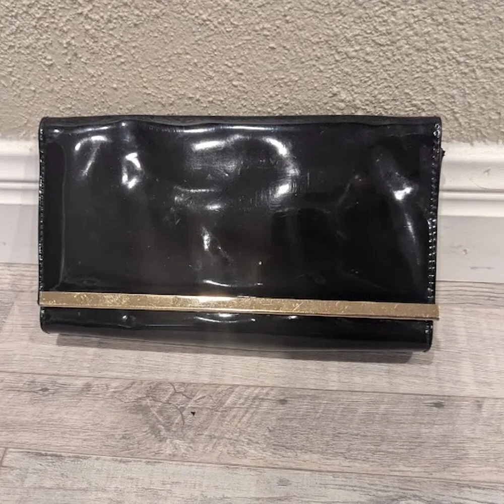 Estée Lauder Black Patent Glossy Evening Clutch | Gold Bar Trim