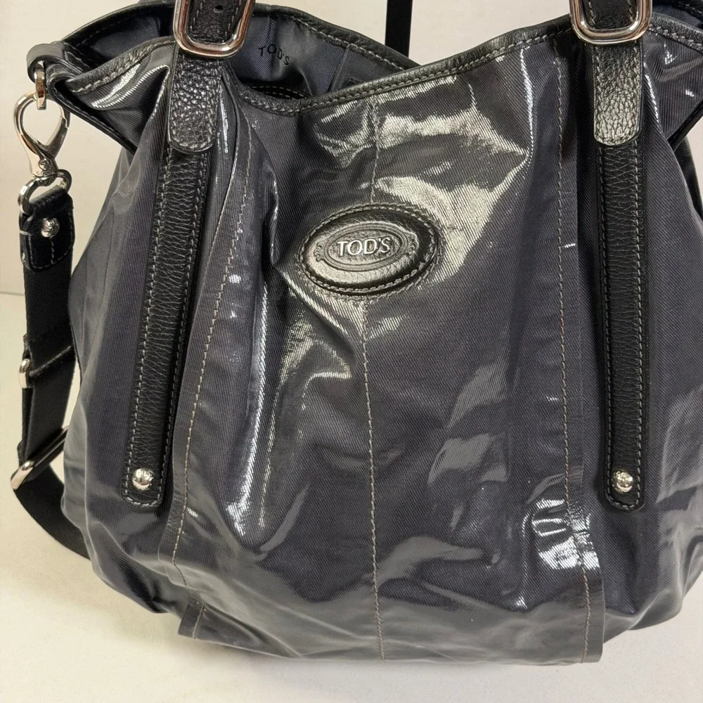 Tod's G-Bag Medium Tote Black Coated Canvas Leather Trim Adjustable Strap Luxury
