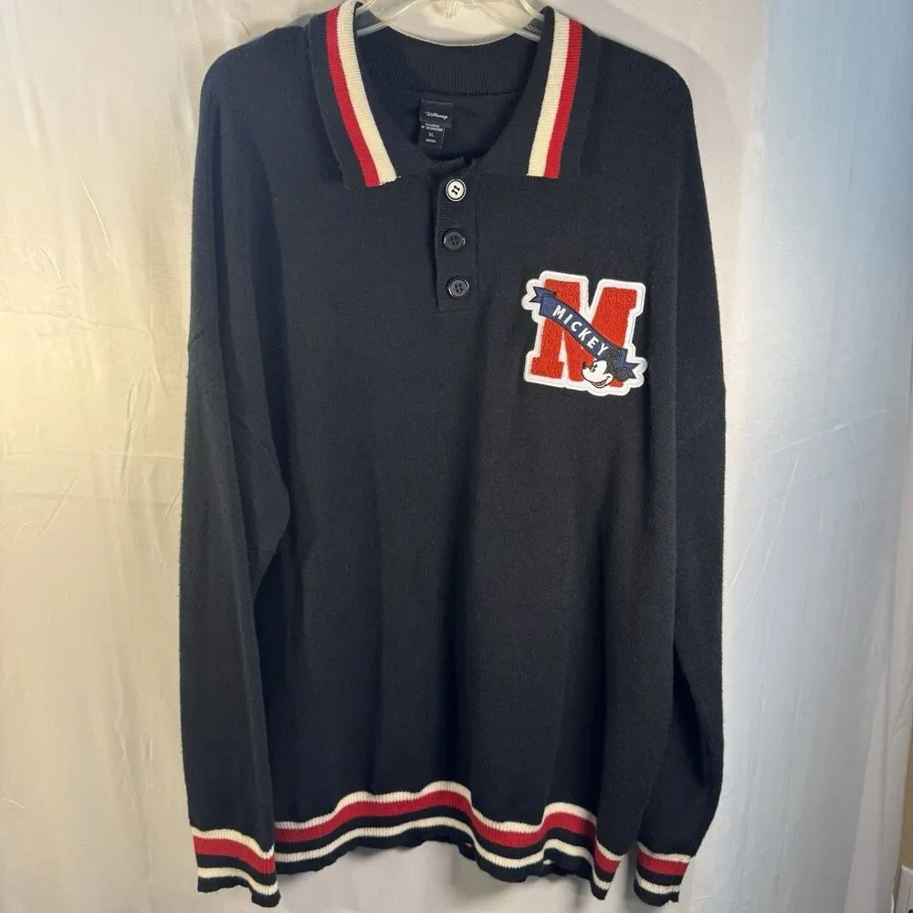 Disney Mickey Mouse Varsity Sweater Black Red Trim Pullover Men’s XL Retro Style