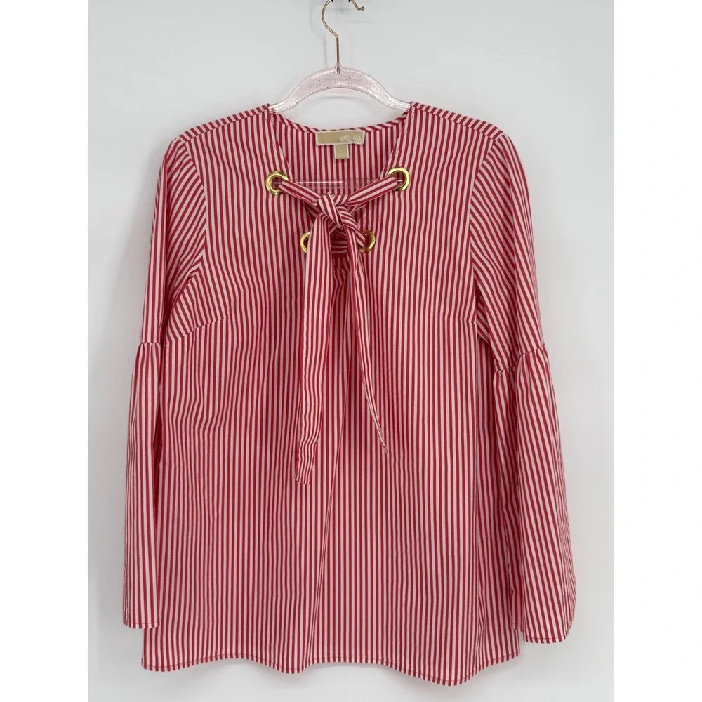 Michael Kors Red White Striped Grommet Tie‎ Front Bell Sleeve Blouse Womens Sz L
