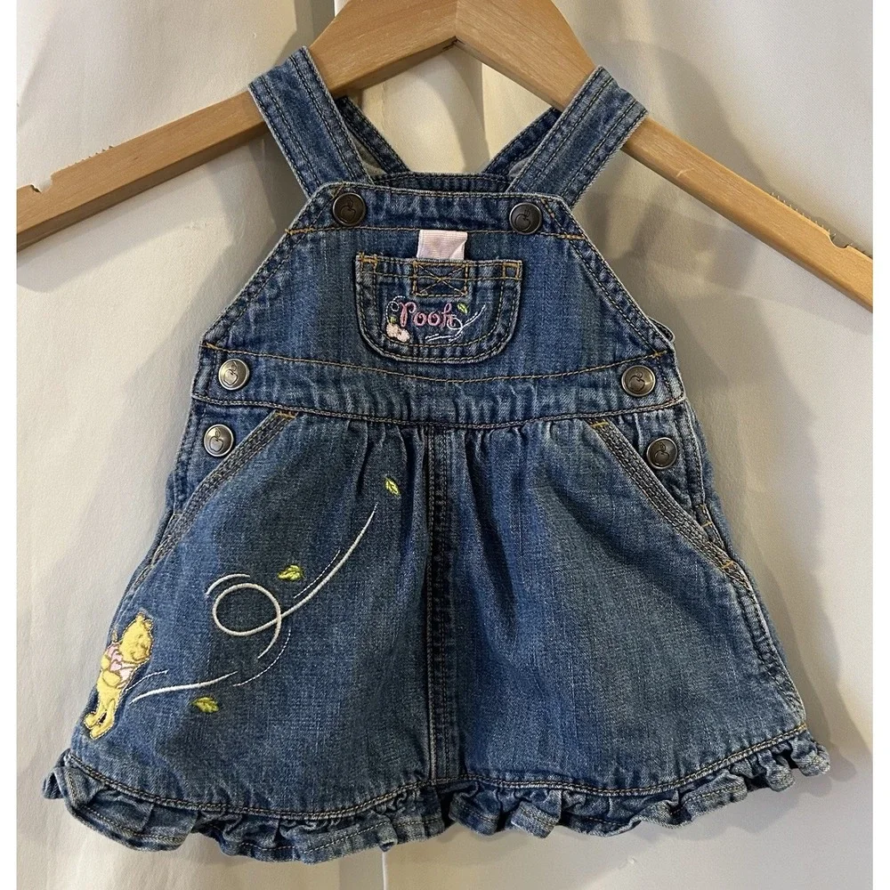 Vtg Winnie The Pooh Embroidered Denim Overalls Dress Sz 0-3 Months Y2K‎