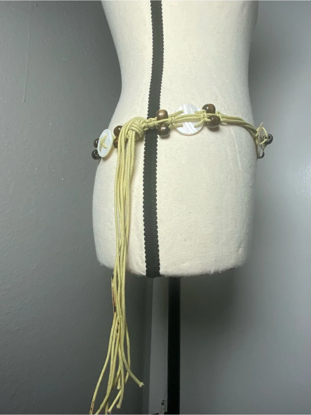 Y2K Boho Fairy  White Shell & Green Beaded Rope Belt One Size
