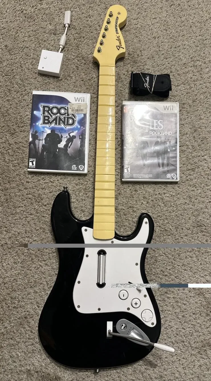 Nintendo Wii Rock Band Guitar w Dongle Strap 2 Games RockBand Beatles Tested