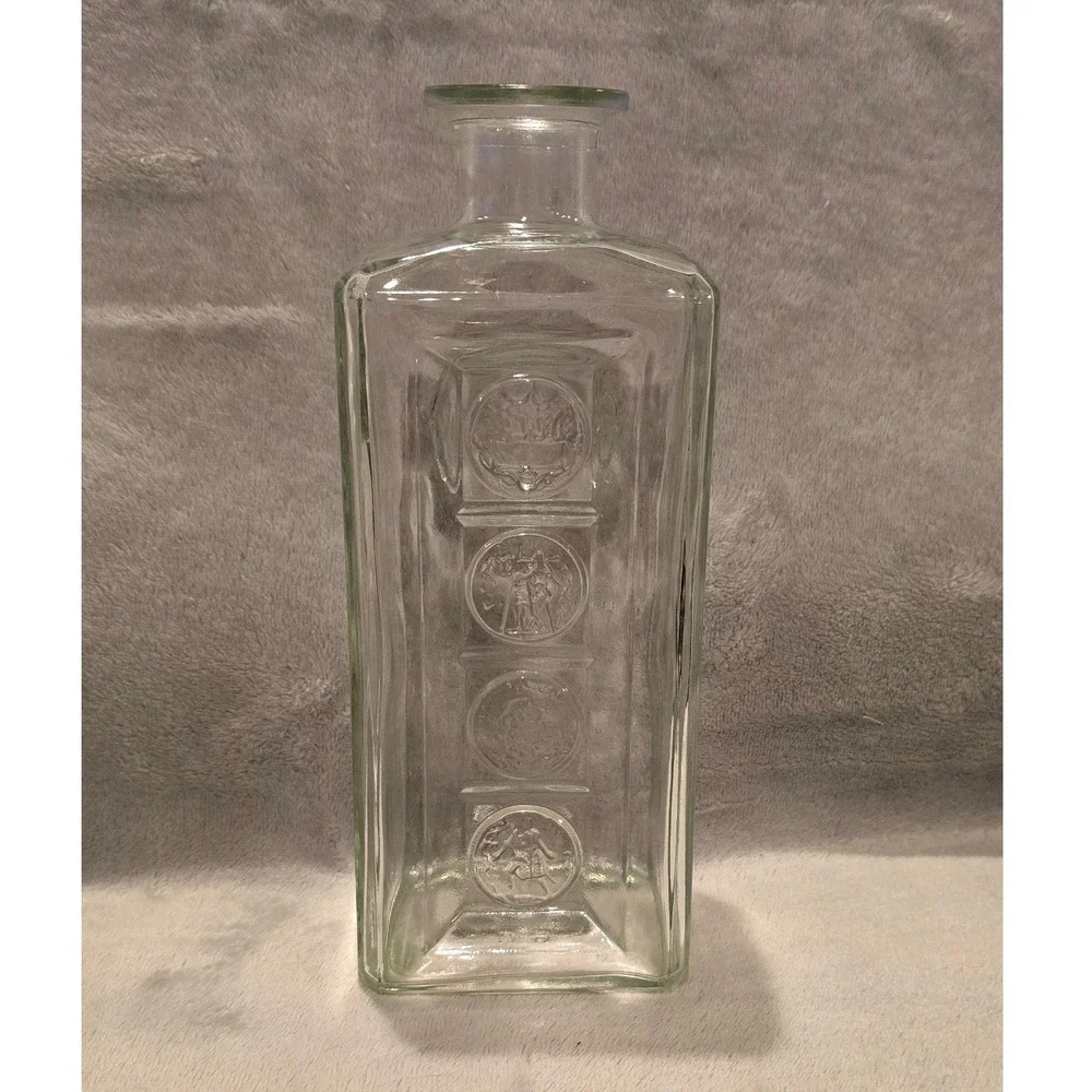 Vintage Clear Glass Square Decanter Embossed Coin Medallions 8.75