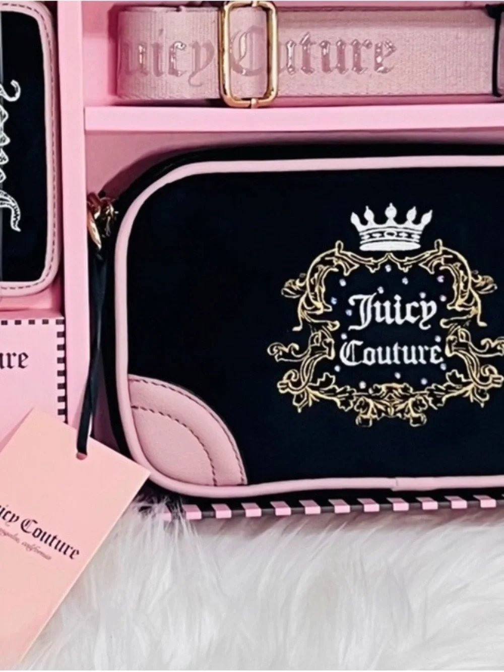 Juicy Couture Black and Pink Crossbody Bag with Gold Crest
