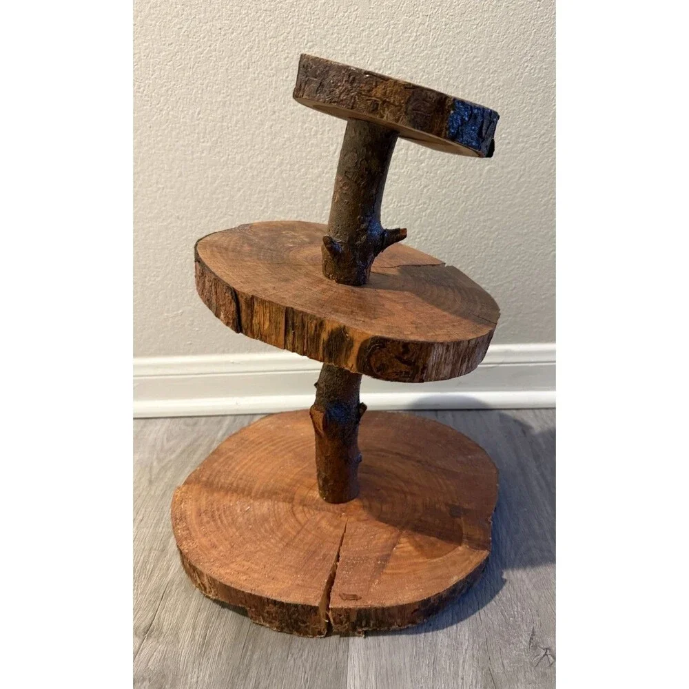 3 tiered Handcrafted Natural Tree Log Slices serving Stand Decorative Style