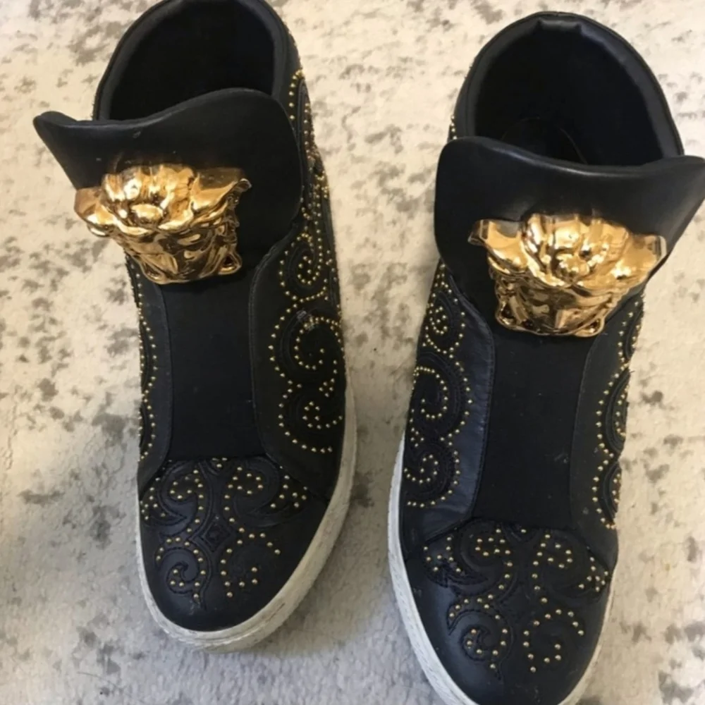 Versace Black and Gold Sneakers with‎ Ornate Design