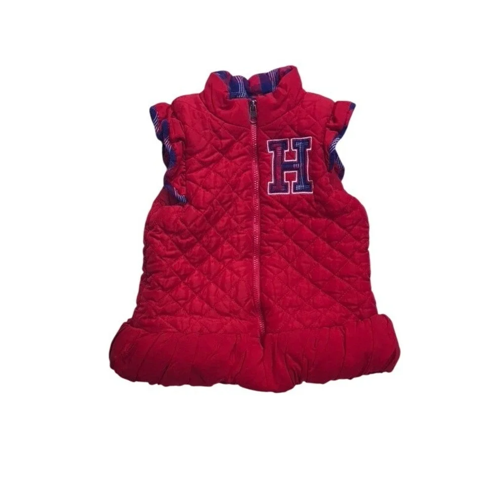 Tommy Hilfiger Quilted‎ Vest Kids 3T Red  Ruffle Hem Plaid Trim Puffer
