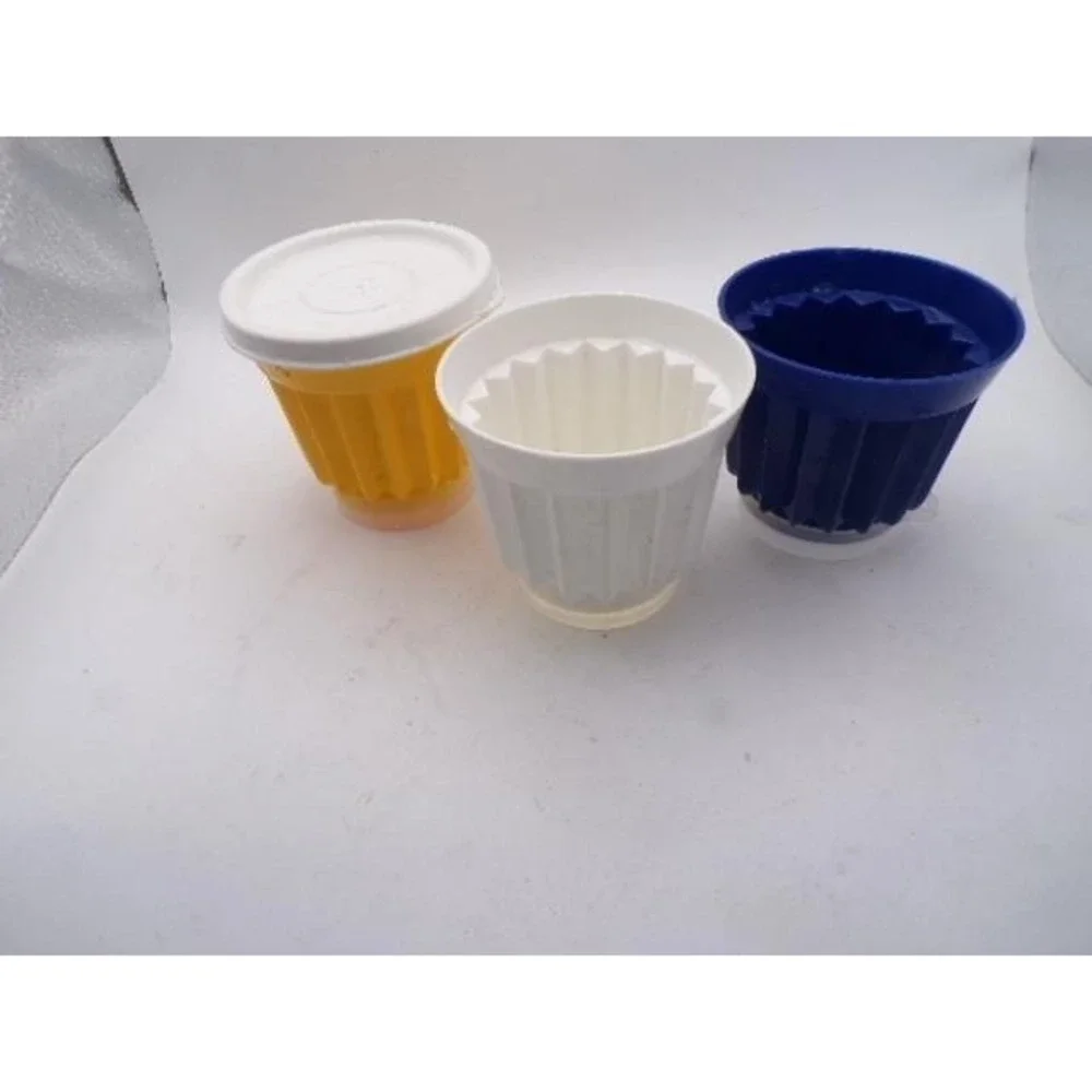 Set of 3 Vintage‎ Jello Molds Dessert Cups Yellow White Blue One Lid