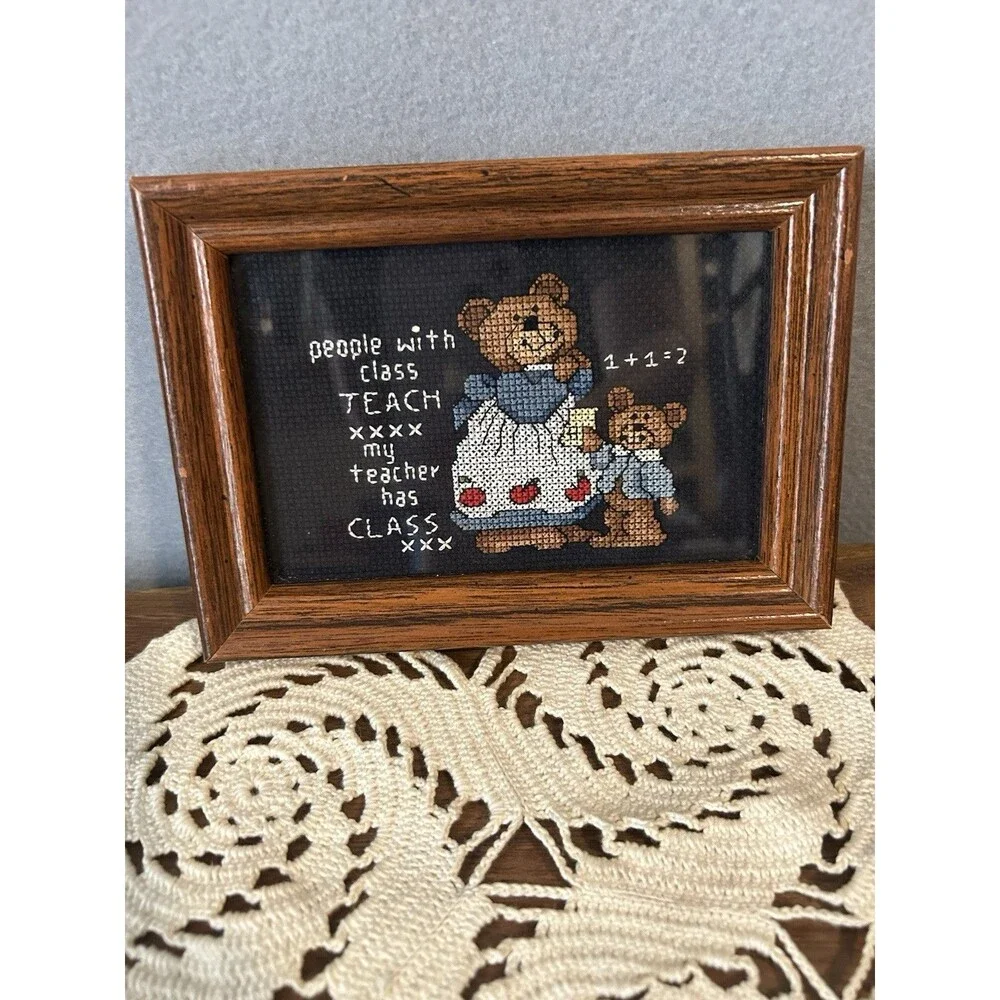 VTG Framed Cross Stitch Bears Teacher School Country‎ Cottagecore Academia