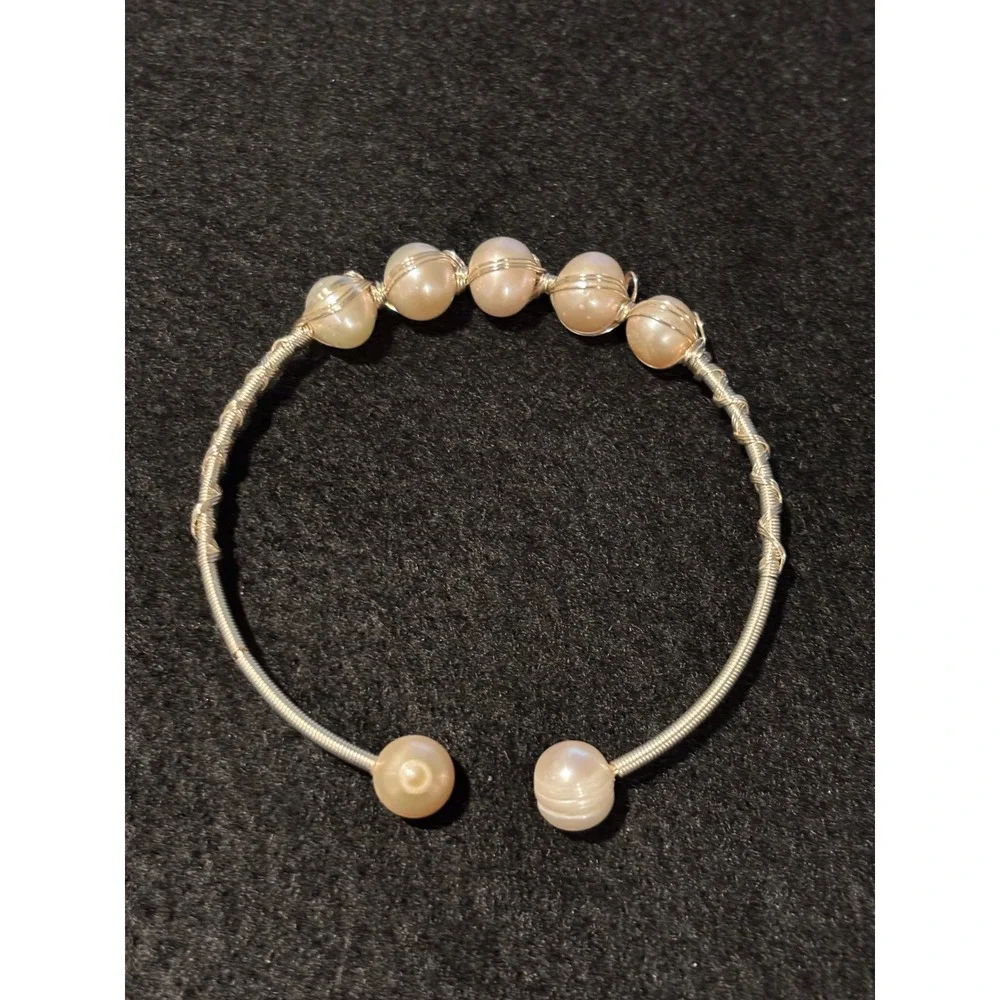 Natural Pearl Wire Wrapped Cuff Bracelet Silver Tone Cream 8.19J