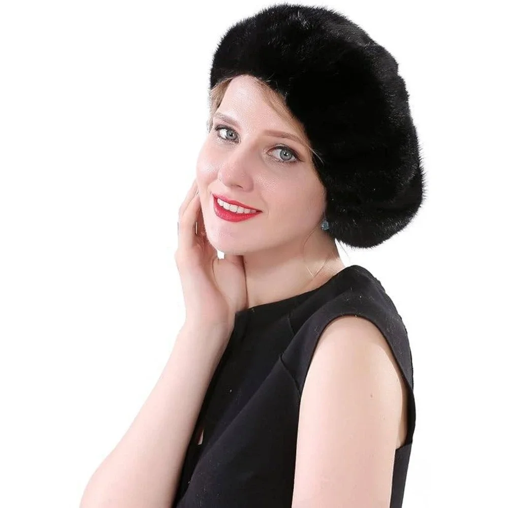 MSRP $60 YXCFEWD Women's Beret Black Real Mink Fur Hat Knit‎ Russian Winter Cap