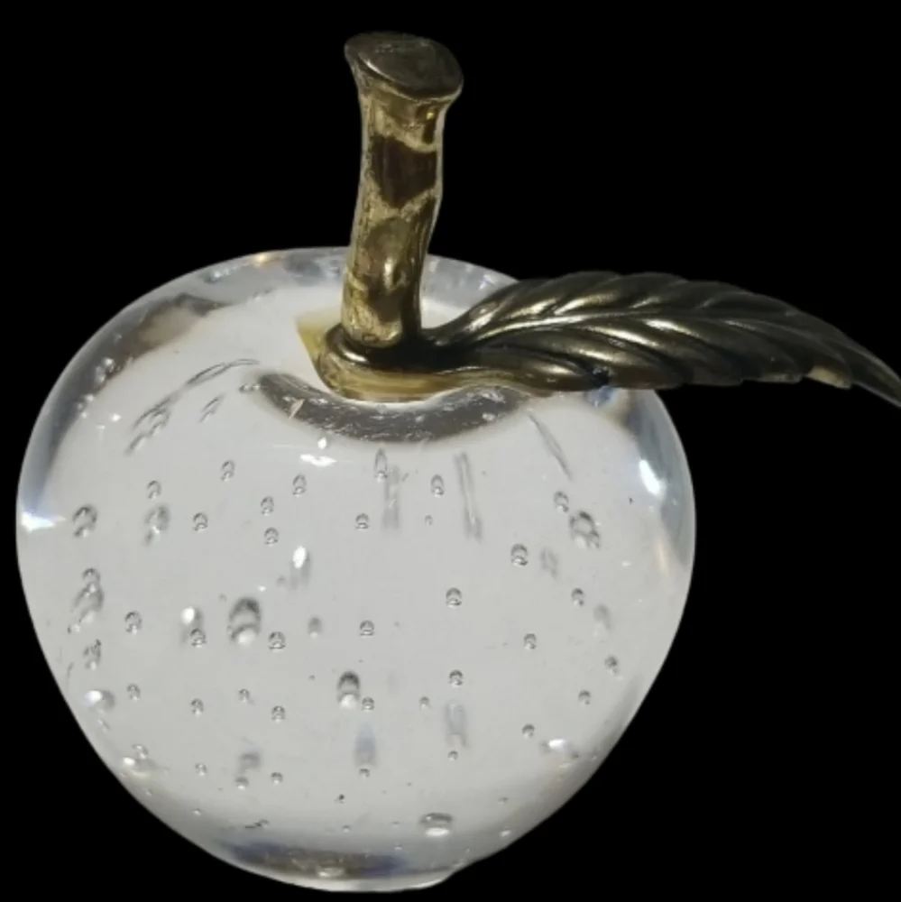 Vintage Art Glass Apple Paperweight Bullicante Controlled Bubbles Gold Stem