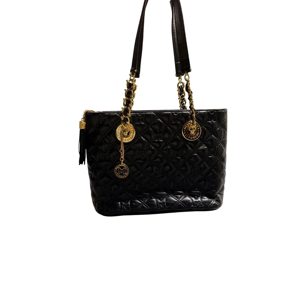 Metrocity Black Quilted Leather‎ Tote Bag Gold Hardware Logo Charm Shoulder Bag