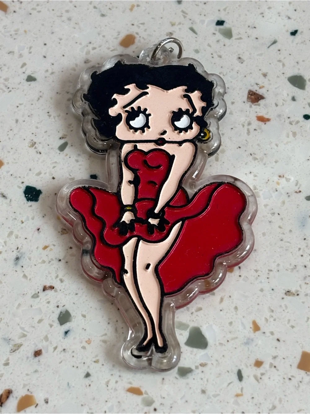 Betty Boop Black Hair Red Dress‎ Acrylic Charm Keychain Vintage