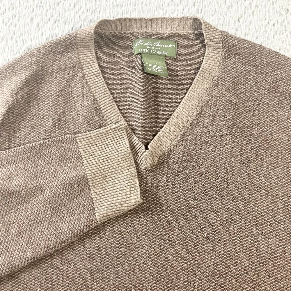 Eddie Bauer‎ Sweater Mens Large Brown Cotton Cashmere V Neck Knit Pullover
