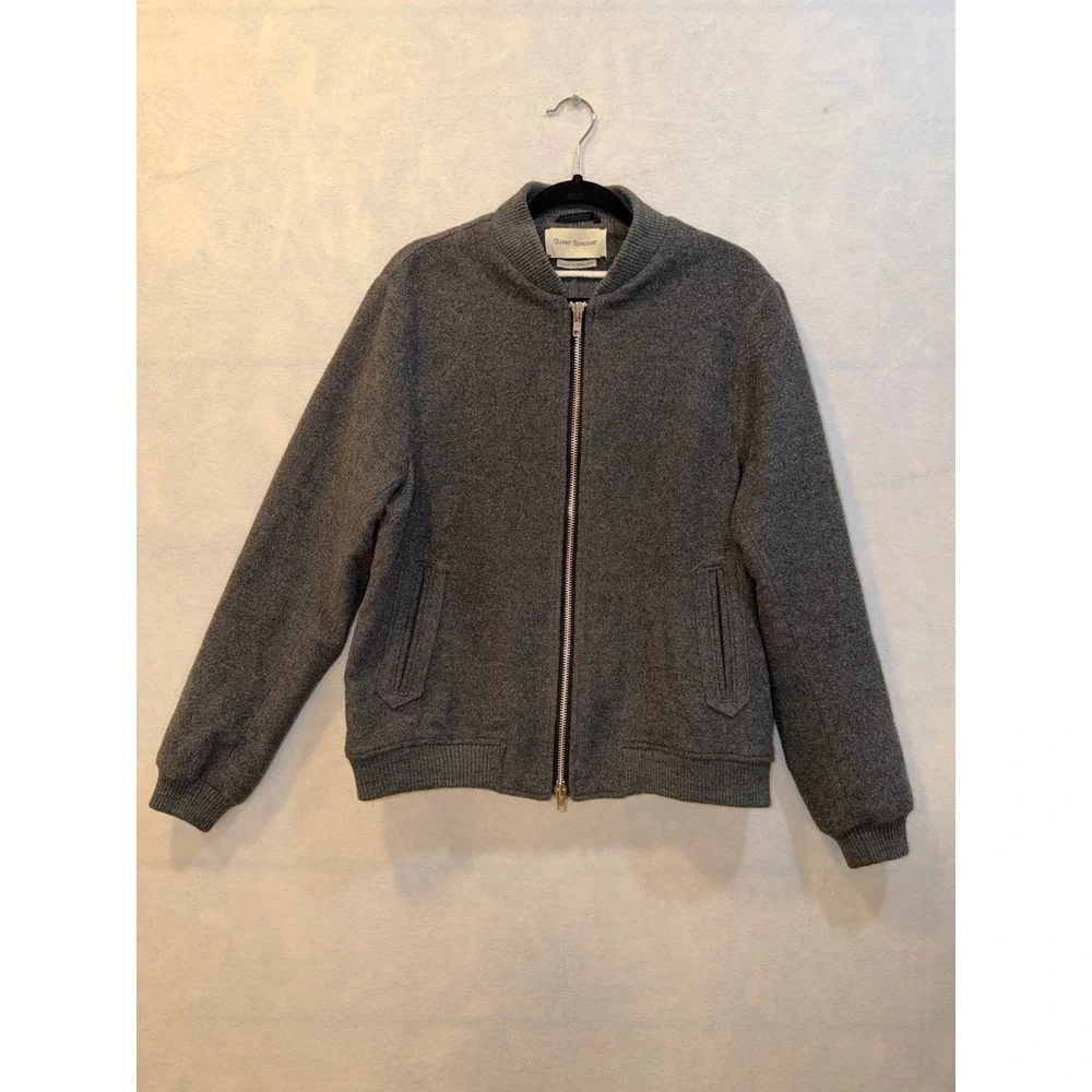 Oliver Spencer Bomber Jacket Charcoal Grey Wool Zip Front Made in England Mens L