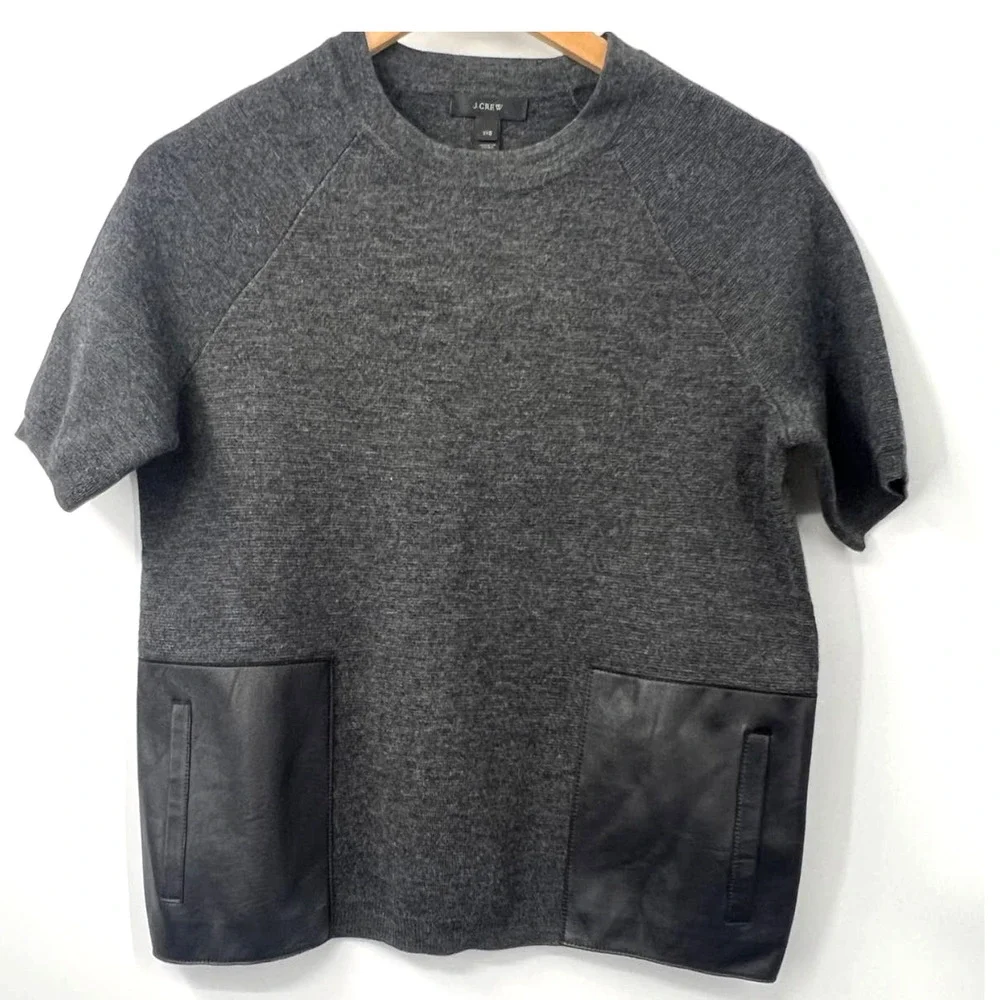 J Crew Merino Wool Leather Pocket Sweater Short Sleeve Crew Neck Gray XXS #2665‎