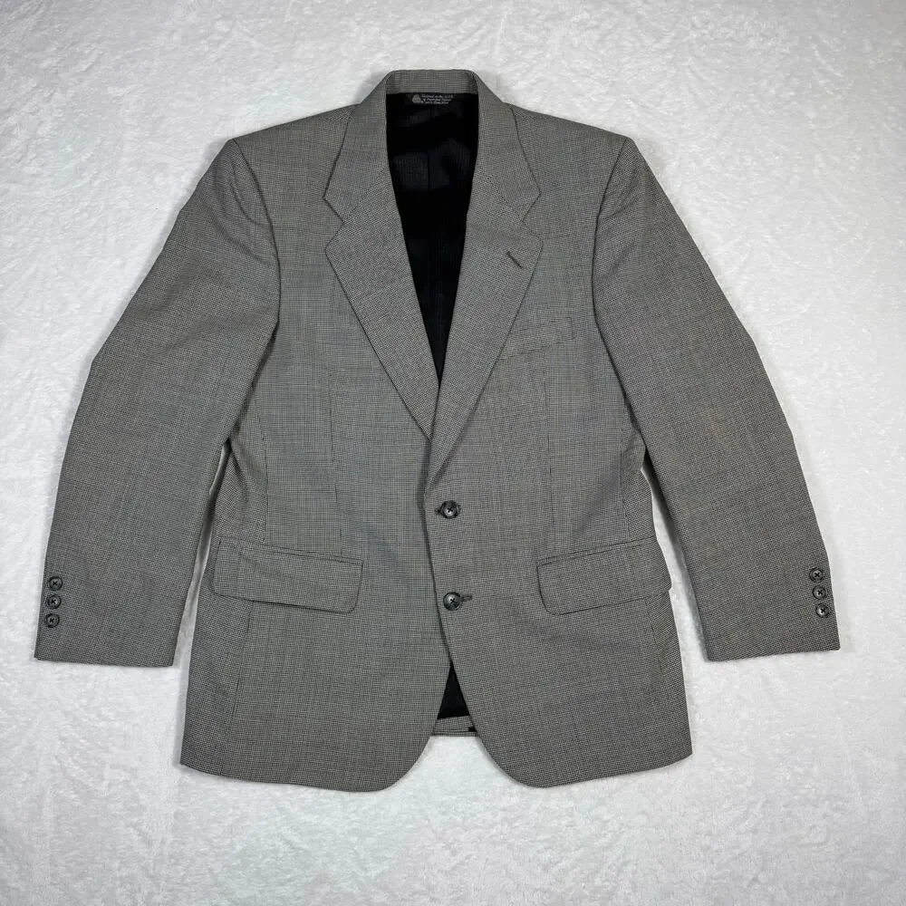 Halston‎ Pure Wool Men's 40R Blazer USA Made Sports Coat Black White 2 Button
