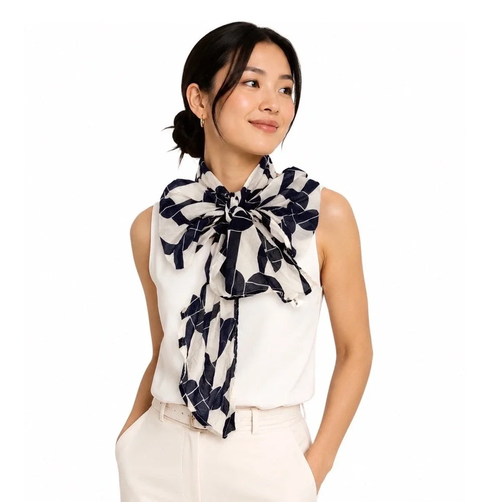 Navy Blue White Geometric Chain Link Cotton Scarf Lightweight Coastal Chic 92-20