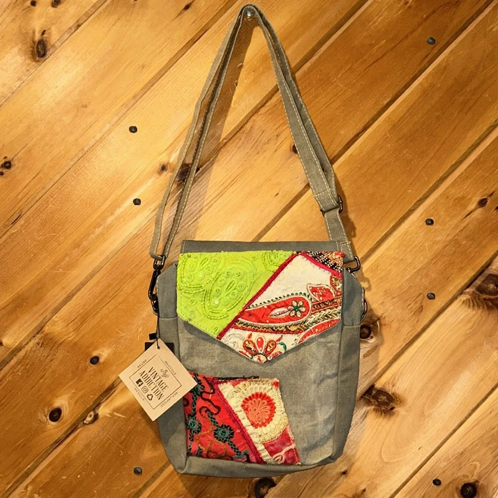 NWT Vintage Addiction recycled military tent with vintage fabric crossbody bag