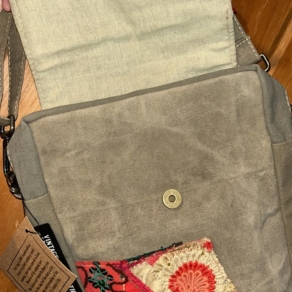NWT Vintage Addiction recycled military tent with vintage fabric crossbody bag