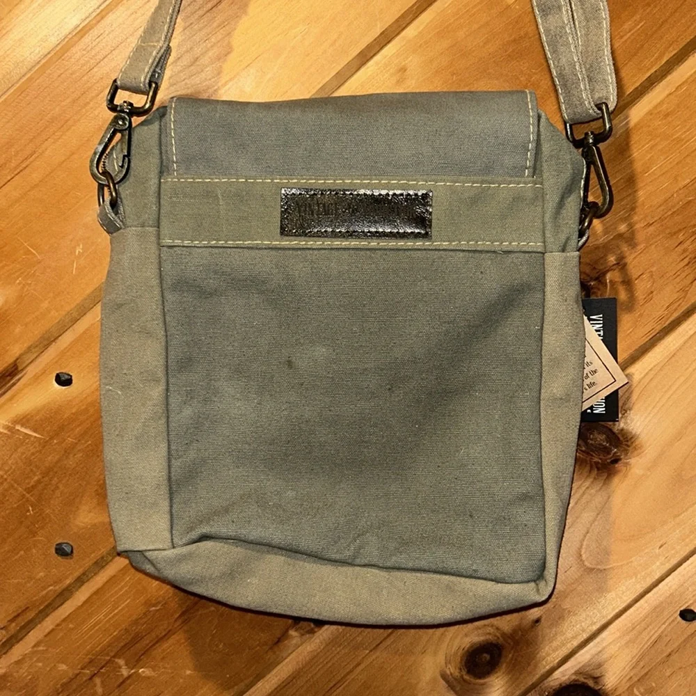 NWT Vintage Addiction recycled military tent with vintage fabric crossbody bag