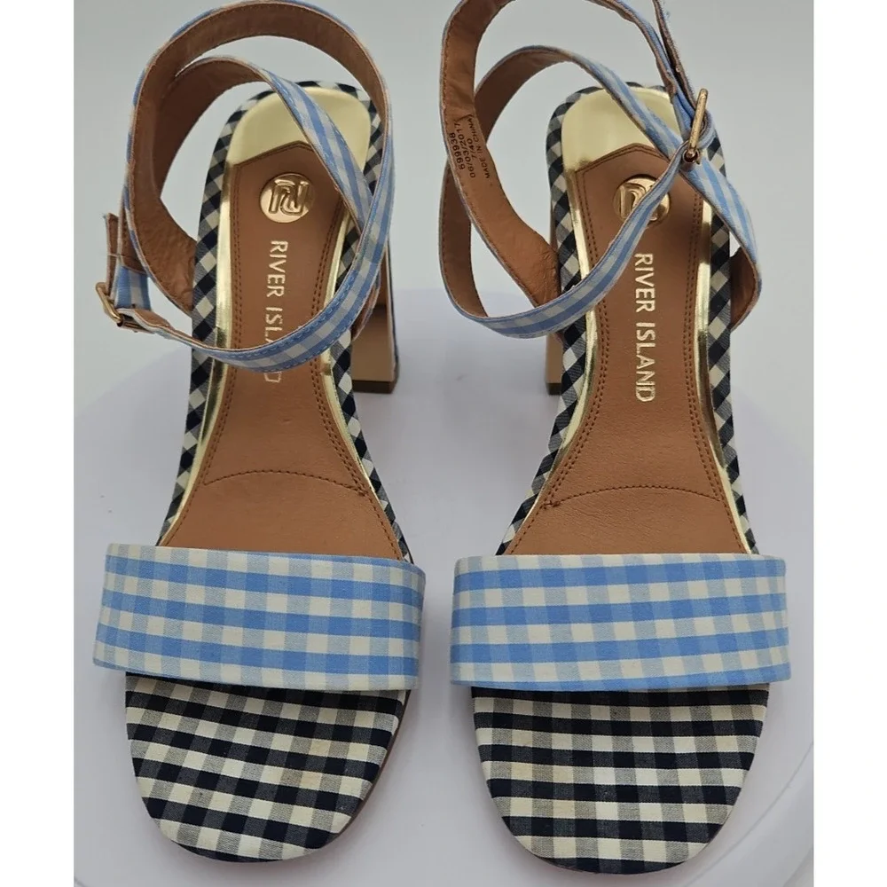 River Island‎ Lt & Dk Blue Gingham Strappy Sandal 4 inch Heels Womens Sz 7 *EUC*