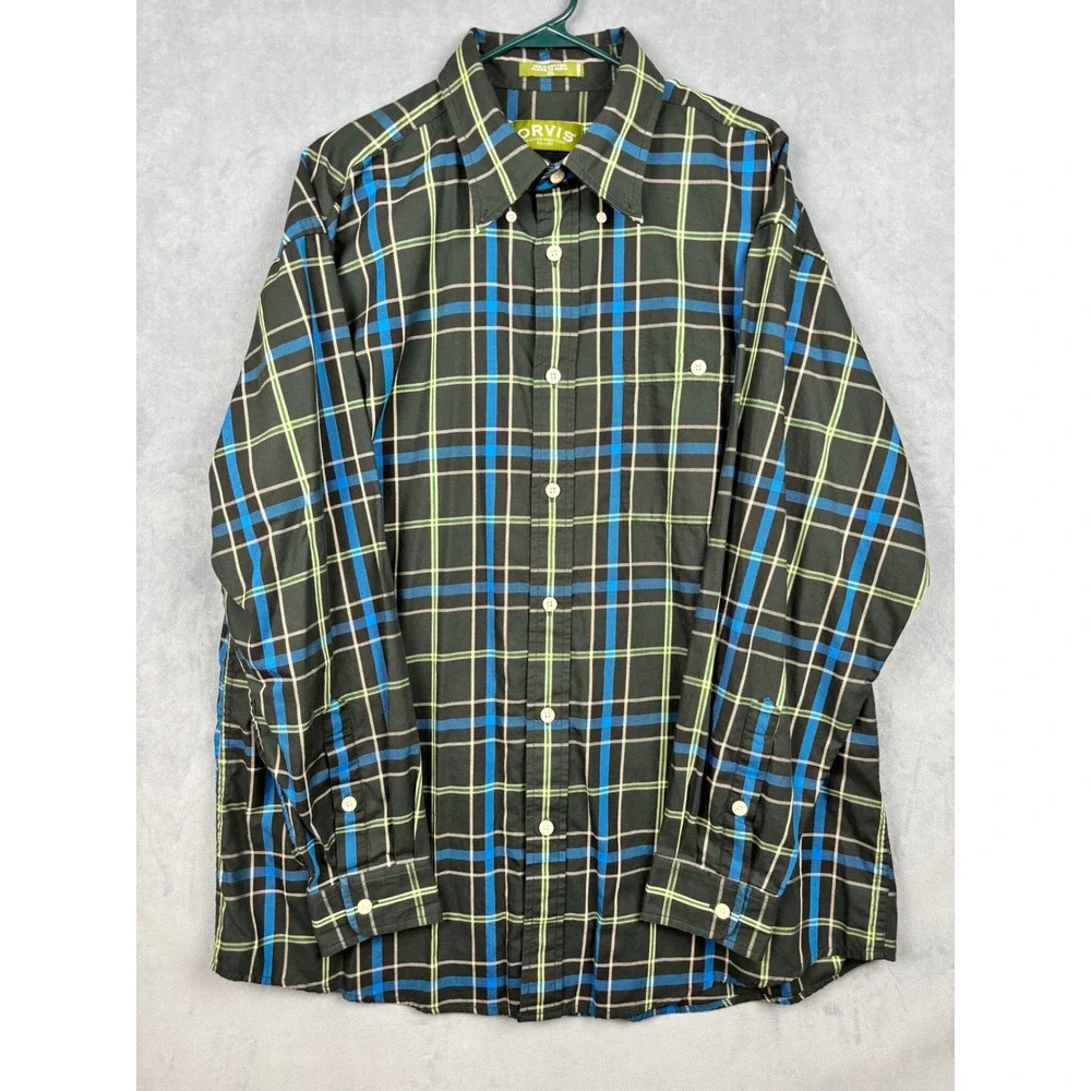 Orvis Mens XL Plaid Button Down Shirt Green Blue Cotton Long Sleeve Sporting