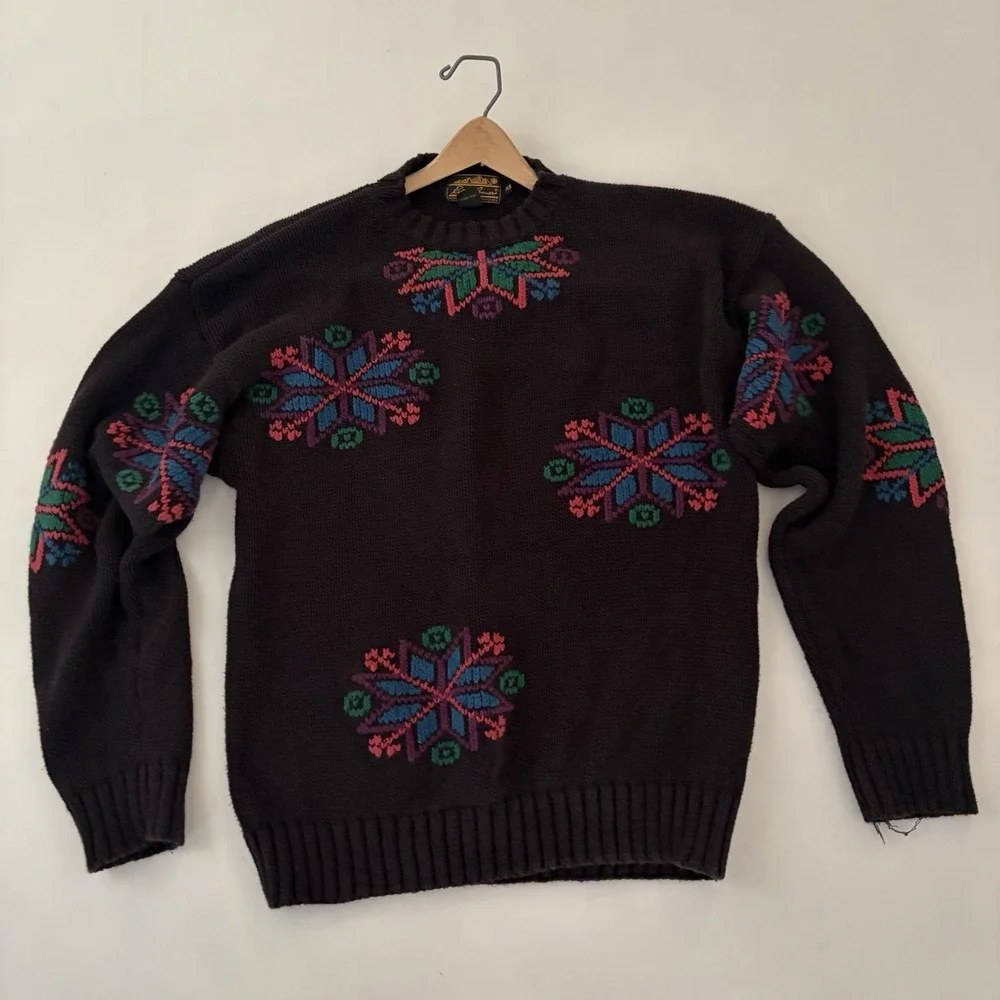 VTG‎ Eddie Bauer Mens Sweater Medium Cotton 90s Snowflake Preppy Celestial Cozy