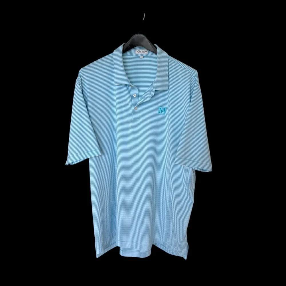 Peter Millar Summer Comfort XXL Blue‎ White Striped Golf Polo Shirt M Logo