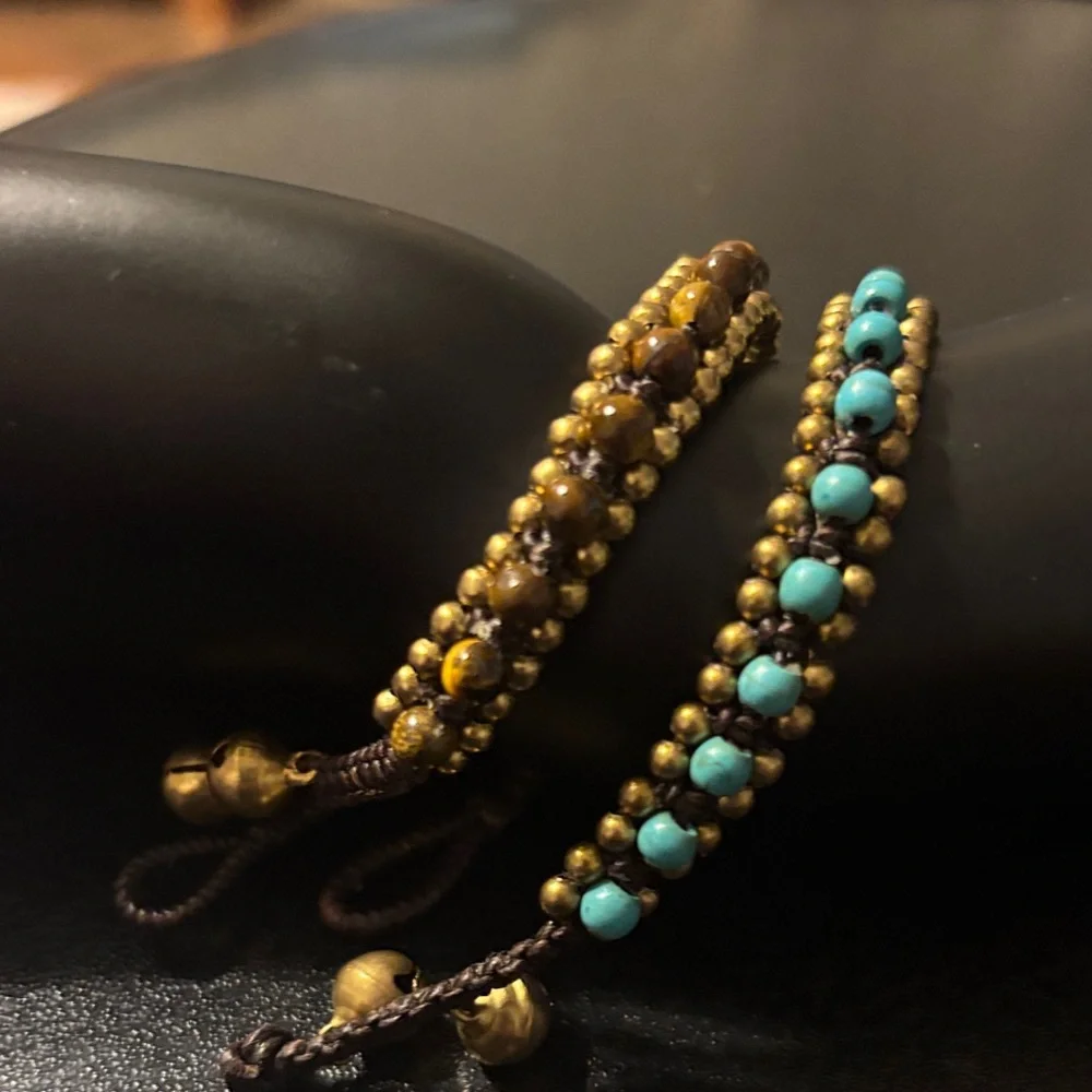 Turquoise and Tiger eye with brass beads‎ and bells woven braided bracelets