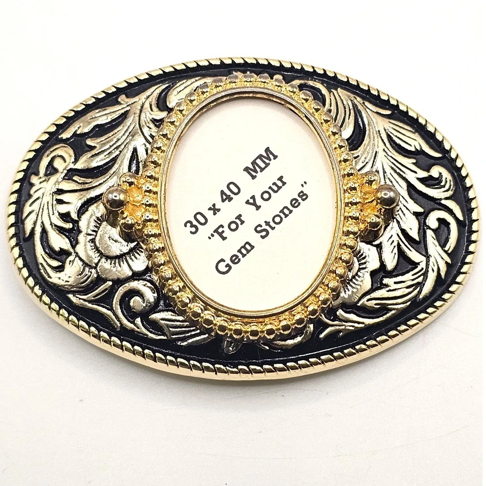 Western‎ Floral Belt Buckle Gold Black Oval 30x40mm Gemstone Setting Made in USA