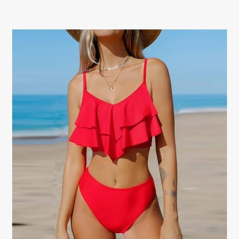 Amazon Red Ruffled Bikini Set Sz S