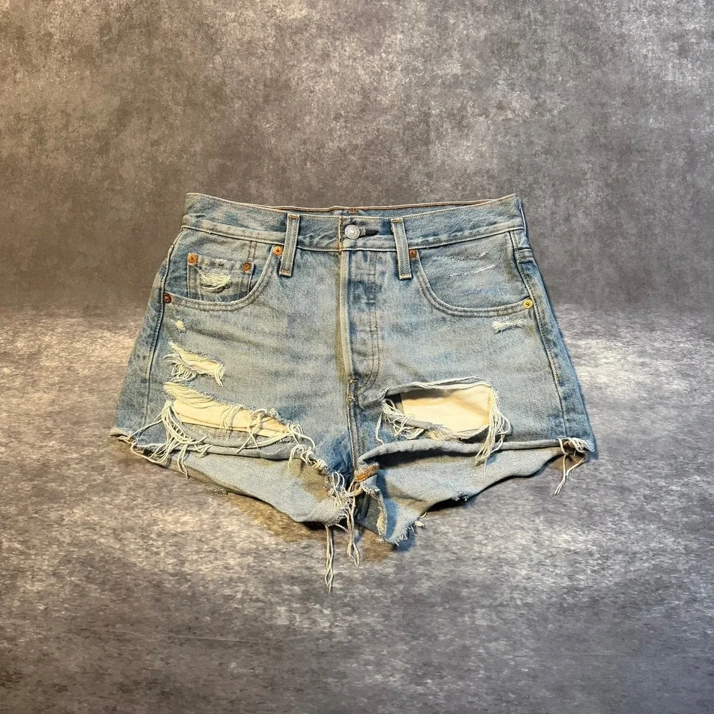 Levis 501 Original Distressed Denim‎ Cut Off Shorts Light Wash Blue Womens W25