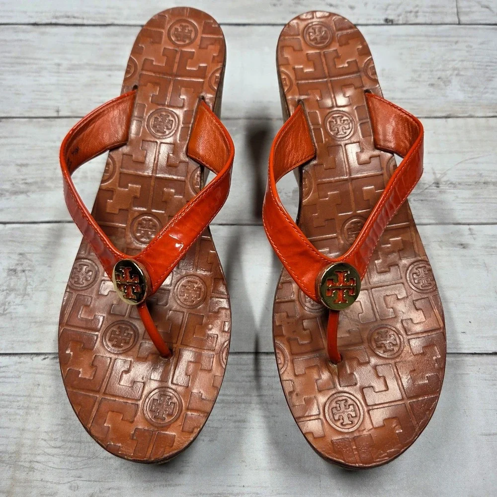 Tory Burch Thora Wedge‎ Sandals Thong Cork Platform Women 7.5 Orange