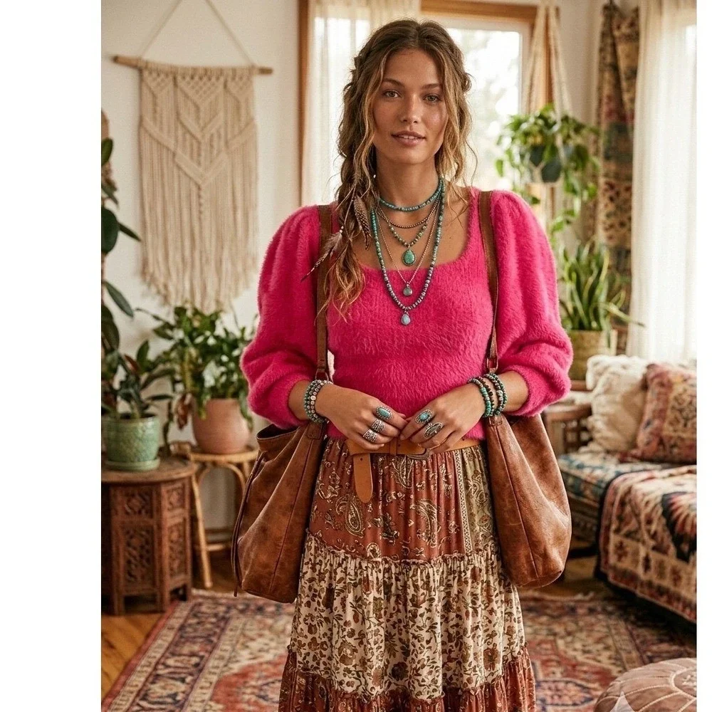 🔥Free People🩷🦋🩷 Pink Rose Fuzzy Puff Sleeve Square Neck Sweater‎ XS NEW$98