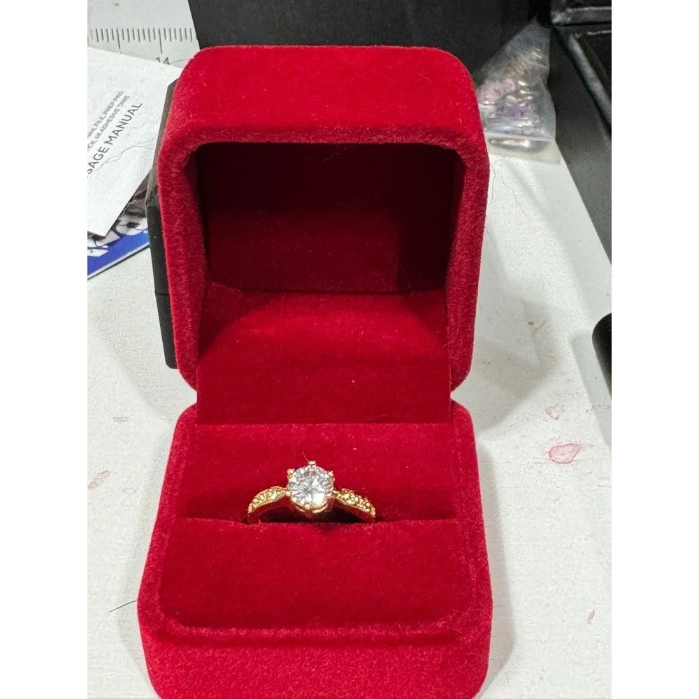 Gold Tone Round Cut‎ Solitaire Engagement Ring with Pavé Accents one size