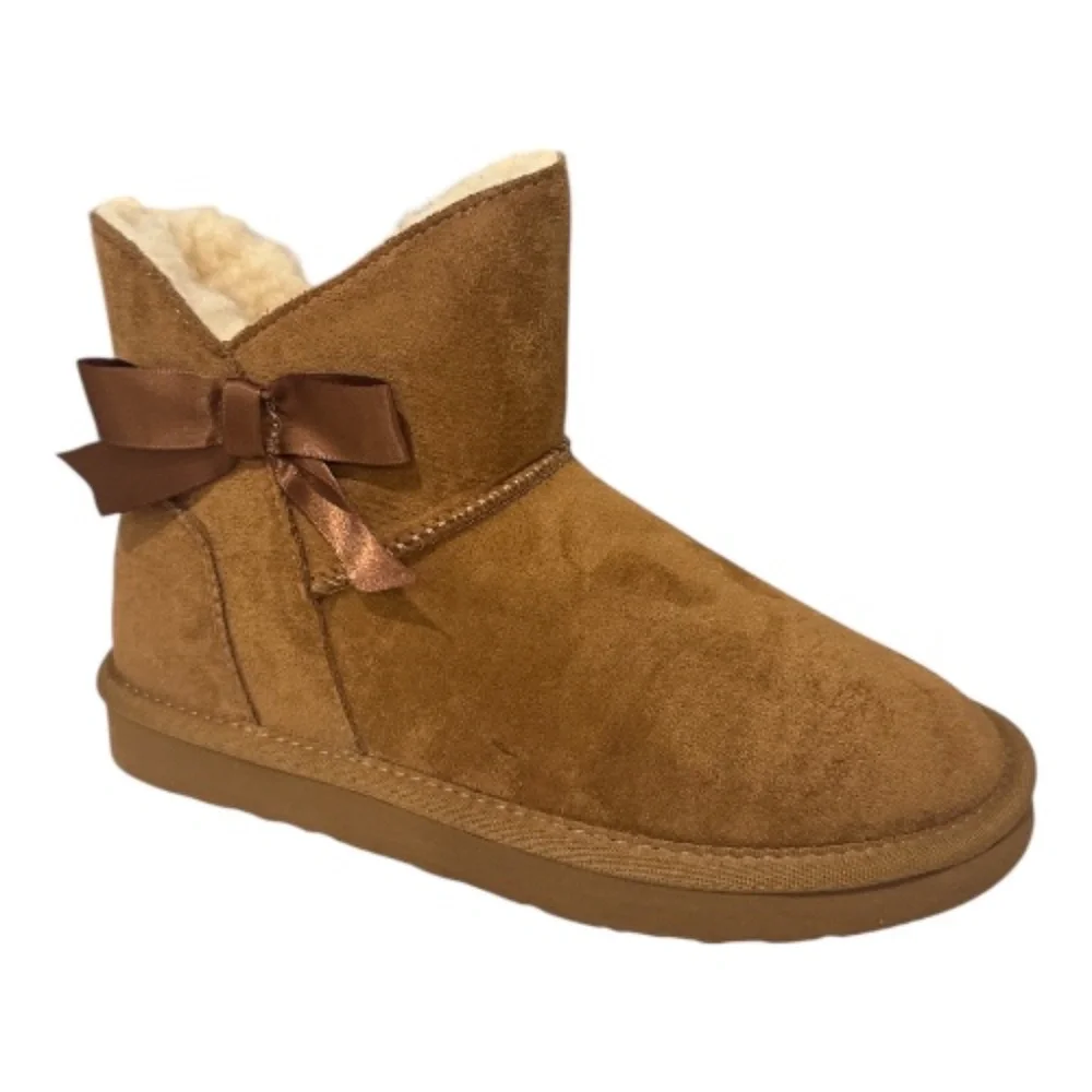 Girls faux suede ankle Boots Bow Slip-On Brown Winter Shoes New
