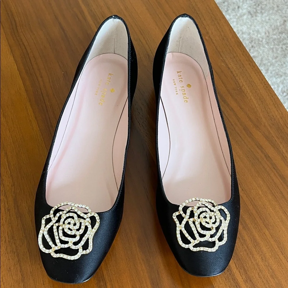Like NEW! kate spade dressy Black Satin Rhinestone gold embellished rose flats 9
