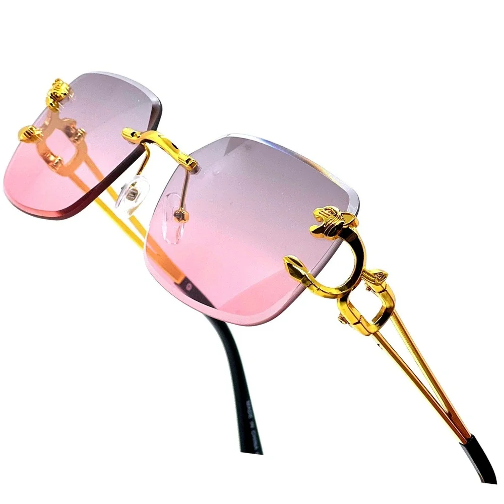 Men Women Classy Sophisticated Pink Lens‎ Gold Sunglasses Metal Rimless Hip Hop