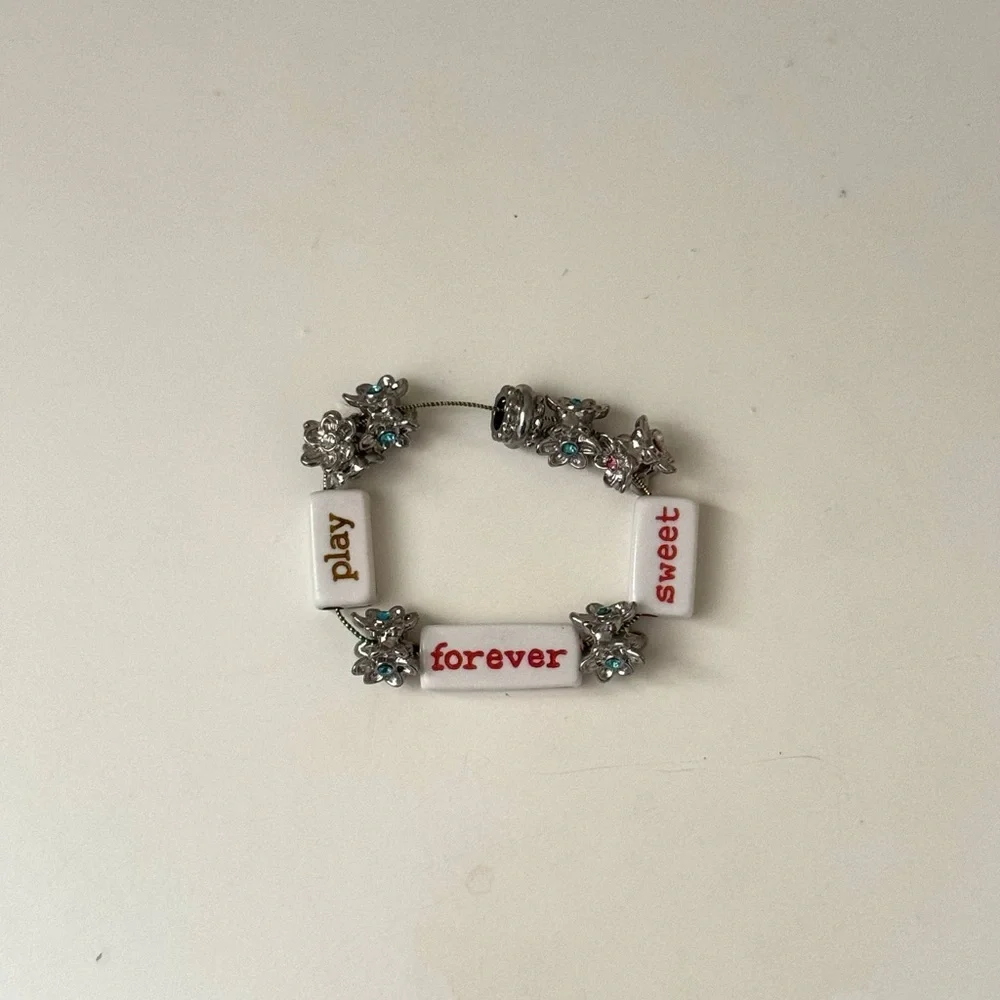 Silver & White Beaded Stretchy Charm  Bracelet