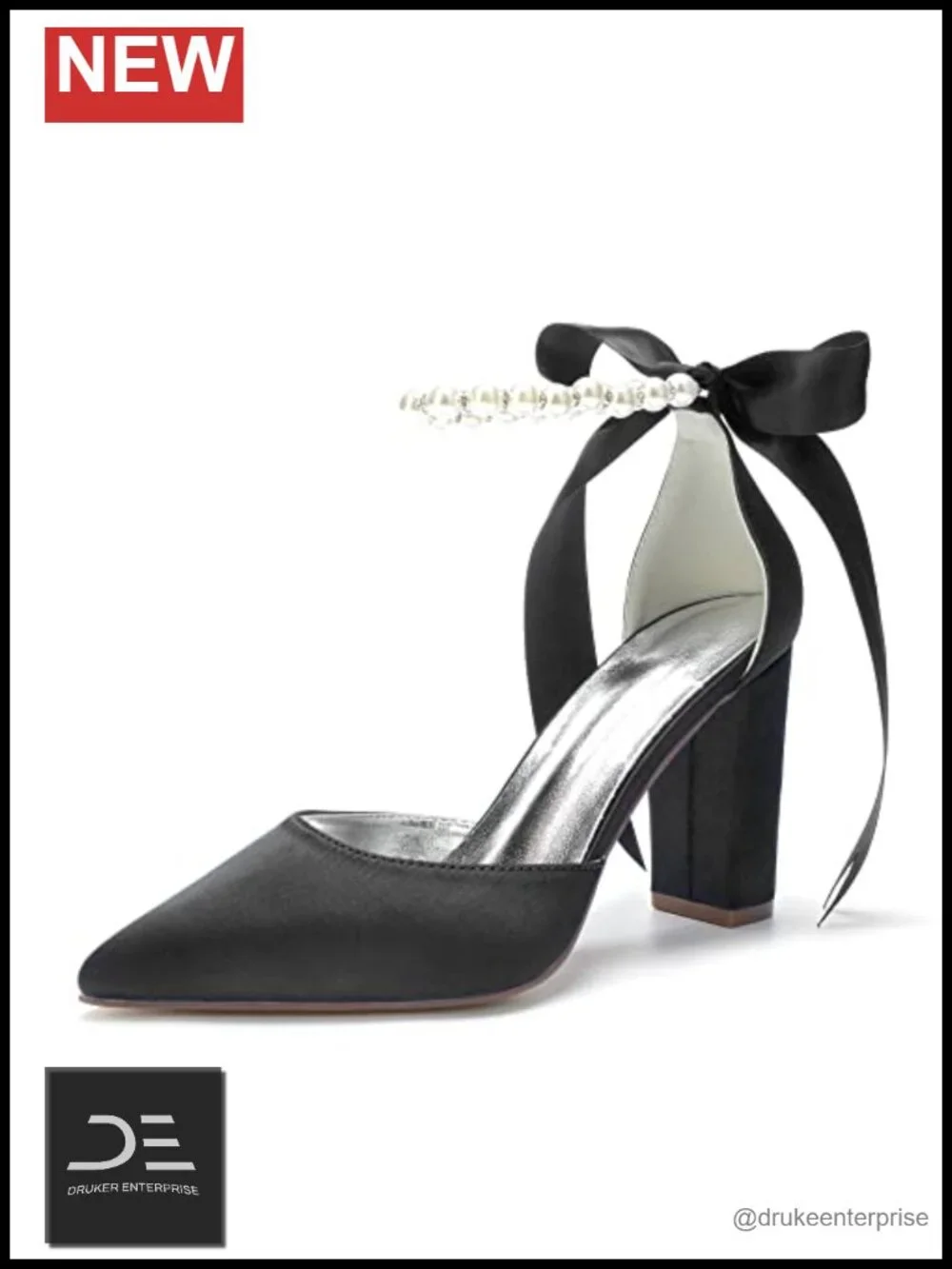 Women's Pointed Toe Chunky Heels Satin Pearls Block Heel Pumps Bridal Dressy