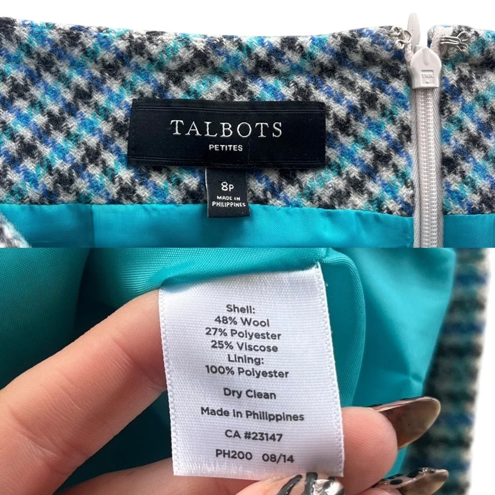 Talbots Petites Women's 8P Blue Teal Houndstooth Plaid Wool Bl Mini Skirt Preppy