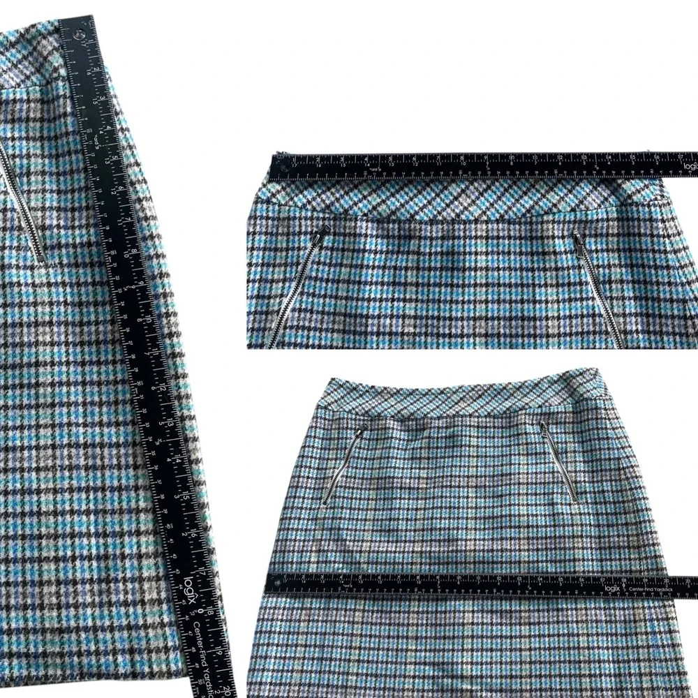 Talbots Petites Women's 8P Blue Teal Houndstooth Plaid Wool Bl Mini Skirt Preppy