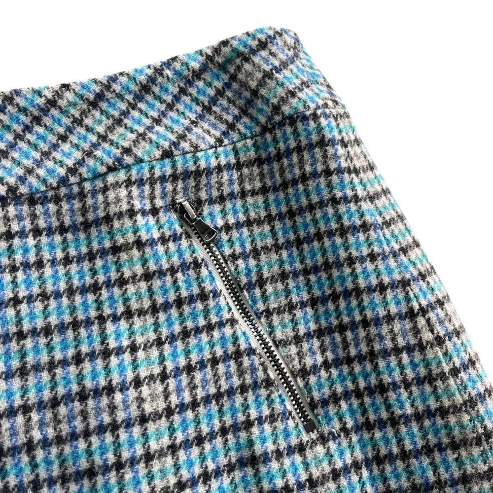 Talbots Petites Women's 8P Blue Teal Houndstooth Plaid Wool Bl Mini Skirt Preppy