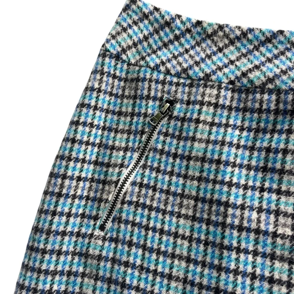 Talbots Petites Women's 8P Blue Teal Houndstooth Plaid Wool Bl Mini Skirt Preppy